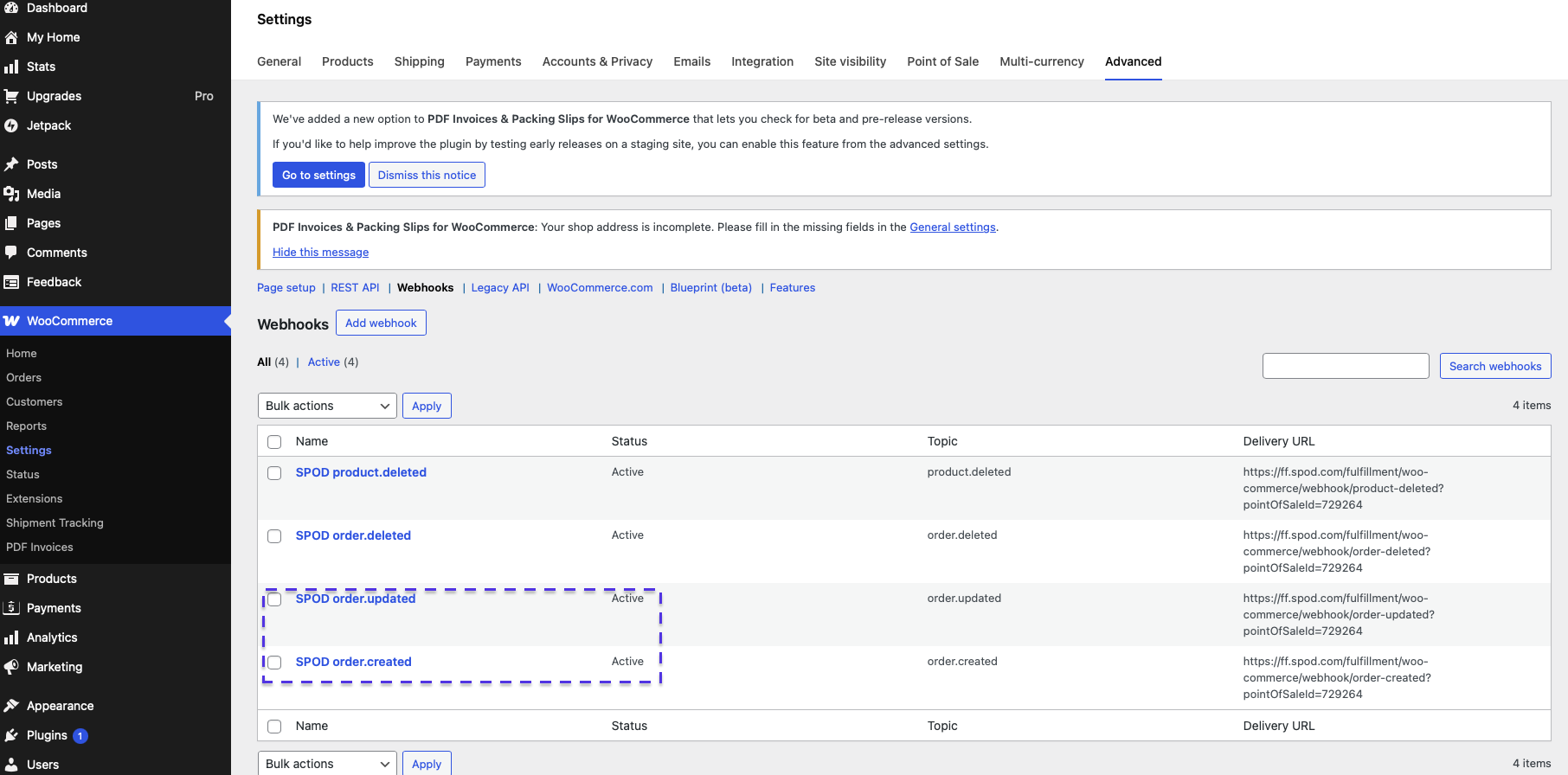 Example of active SPOD webhooks in WooCommerce